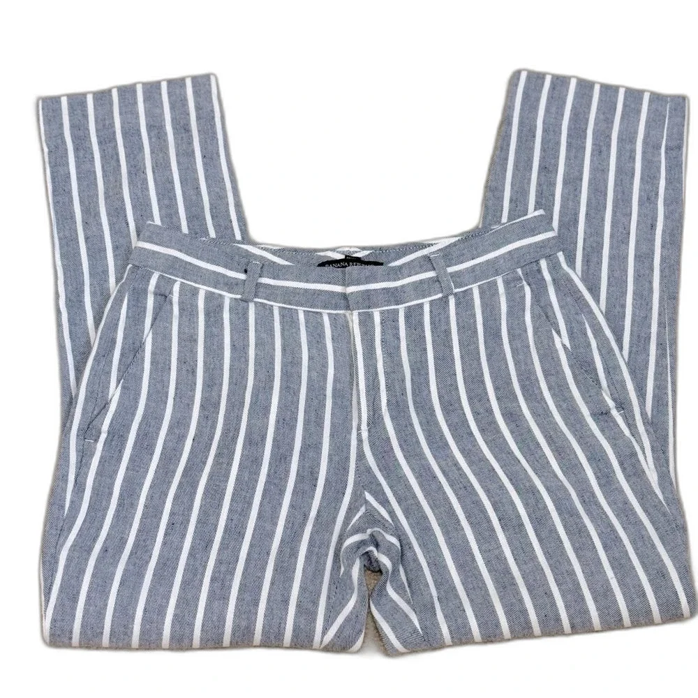 Banana Republic Grey Striped Linen Mid Rise Avery Ankle Length Pants Sz 0 EUC